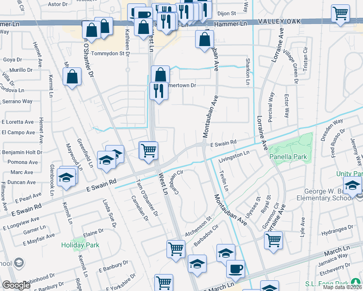 map of restaurants, bars, coffee shops, grocery stores, and more near 6166 Arabian Place in Stockton