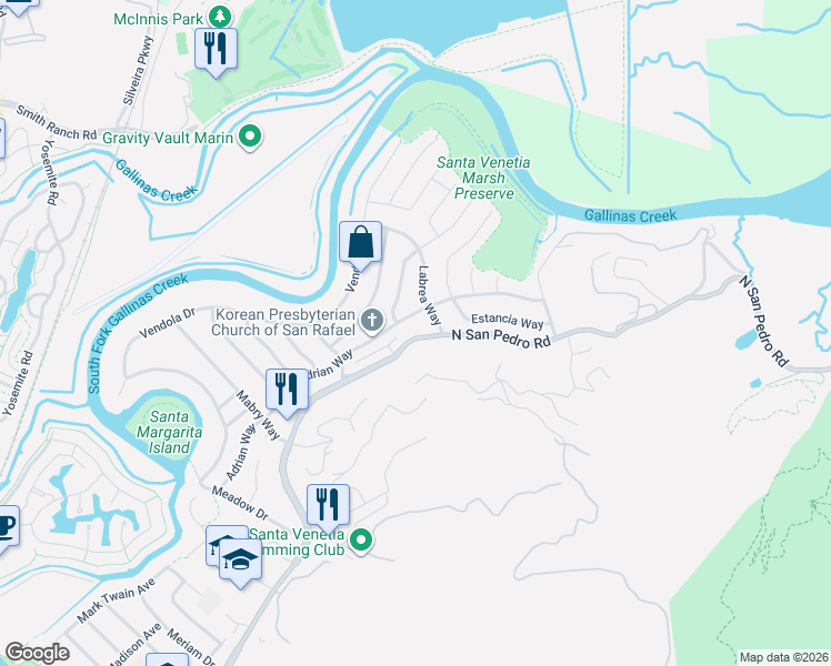 map of restaurants, bars, coffee shops, grocery stores, and more near 15 Labrea Way in San Rafael