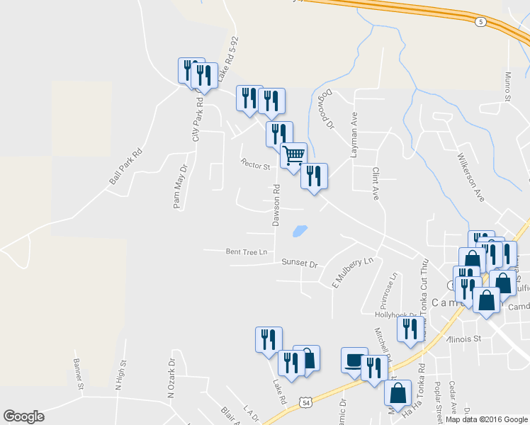 map of restaurants, bars, coffee shops, grocery stores, and more near MIA Drive in Camdenton
