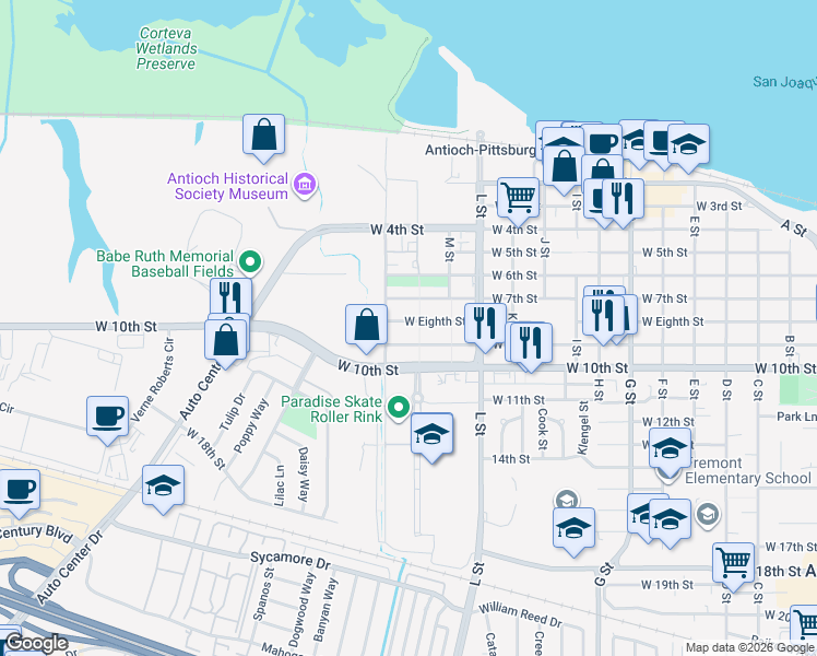 map of restaurants, bars, coffee shops, grocery stores, and more near 1307 West Eighth Street in Antioch