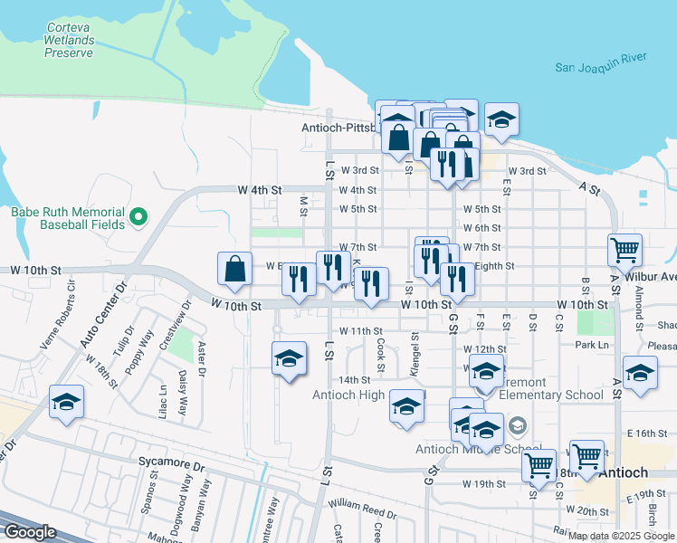 map of restaurants, bars, coffee shops, grocery stores, and more near 1021 West Eighth Street in Antioch