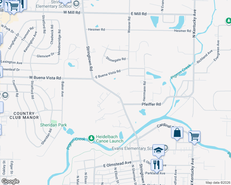 map of restaurants, bars, coffee shops, grocery stores, and more near 3755 Stringtown Road in Evansville