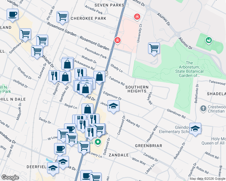 map of restaurants, bars, coffee shops, grocery stores, and more near 114 Tahoma Road in Lexington
