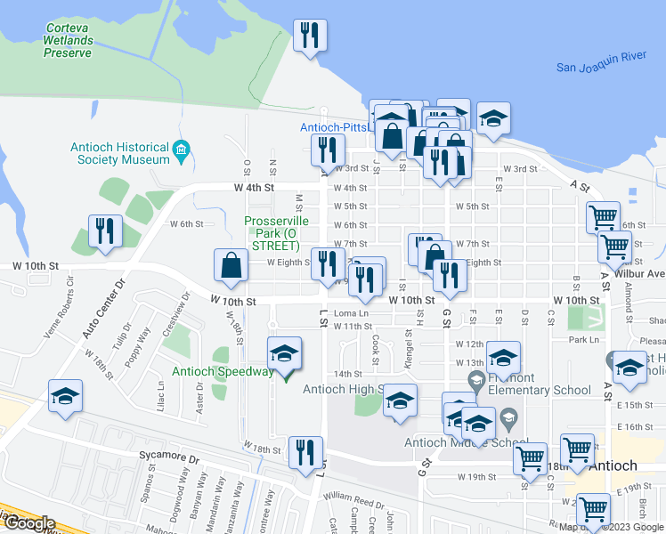 map of restaurants, bars, coffee shops, grocery stores, and more near in Antioch