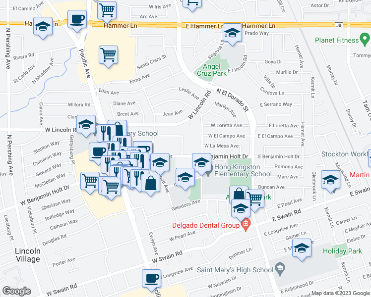 map of restaurants, bars, coffee shops, grocery stores, and more near 6526 Gunton Way in Stockton