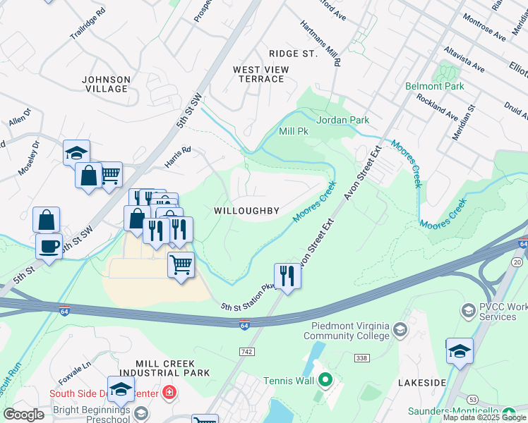 map of restaurants, bars, coffee shops, grocery stores, and more near 817 Harris Road in Charlottesville