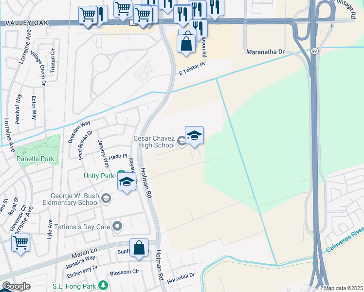 map of restaurants, bars, coffee shops, grocery stores, and more near 2929 Windflower Lane in Stockton