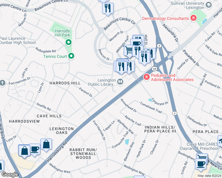 map of restaurants, bars, coffee shops, grocery stores, and more near 3295 Snaffle Road in Lexington
