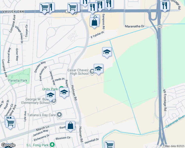 map of restaurants, bars, coffee shops, grocery stores, and more near 2929 Windflower Lane in Stockton