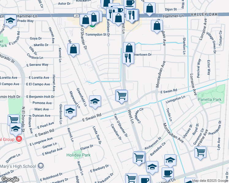 map of restaurants, bars, coffee shops, grocery stores, and more near 6465 West Lane in Stockton