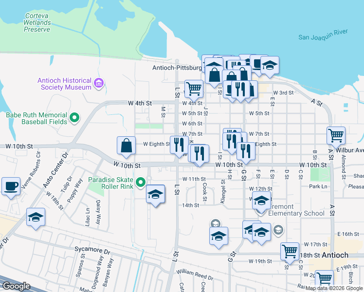 map of restaurants, bars, coffee shops, grocery stores, and more near in Antioch