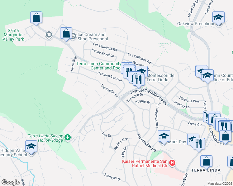 map of restaurants, bars, coffee shops, grocery stores, and more near 639 Barberry Lane in San Rafael