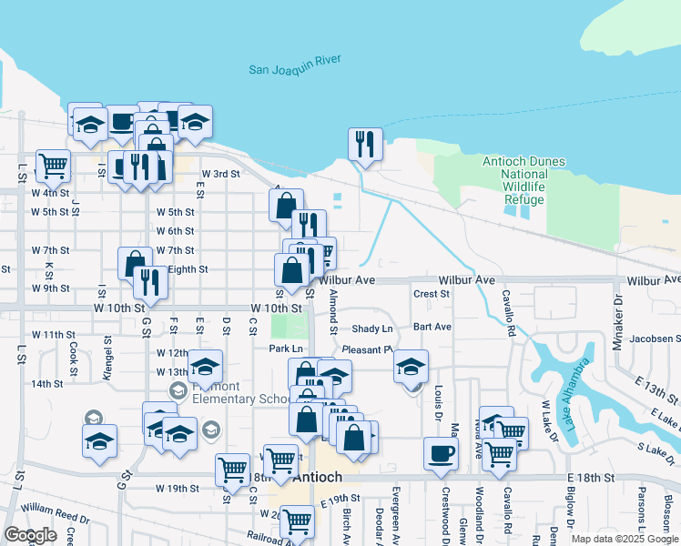 map of restaurants, bars, coffee shops, grocery stores, and more near 112 East 7th Street in Antioch