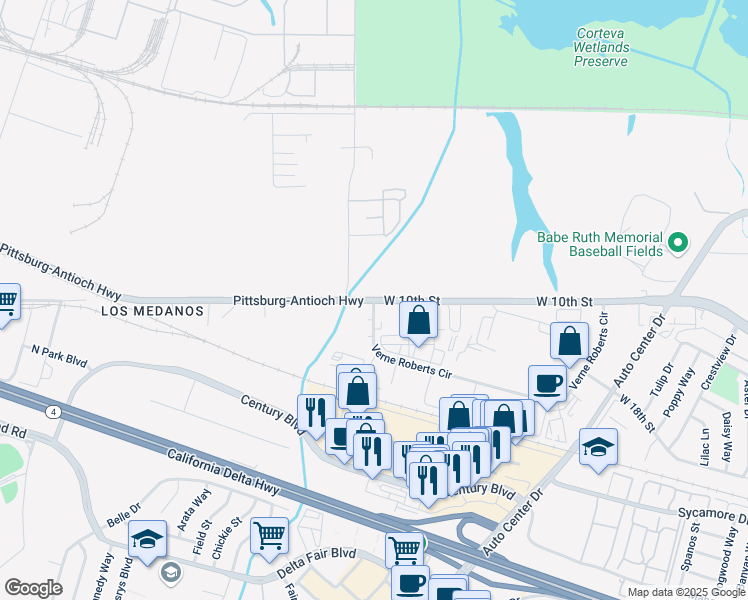 map of restaurants, bars, coffee shops, grocery stores, and more near Pittsburg-Antioch Highway & West 10th Street in Antioch