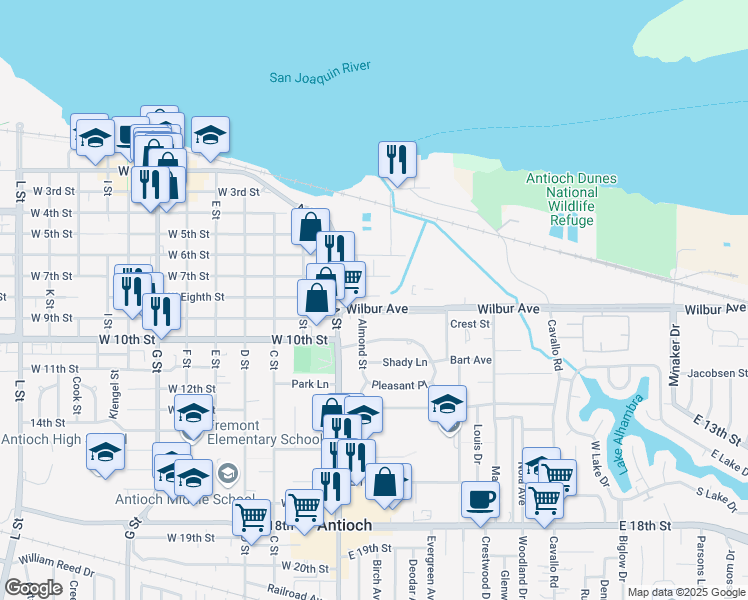 map of restaurants, bars, coffee shops, grocery stores, and more near 105 Wilbur Avenue in Antioch