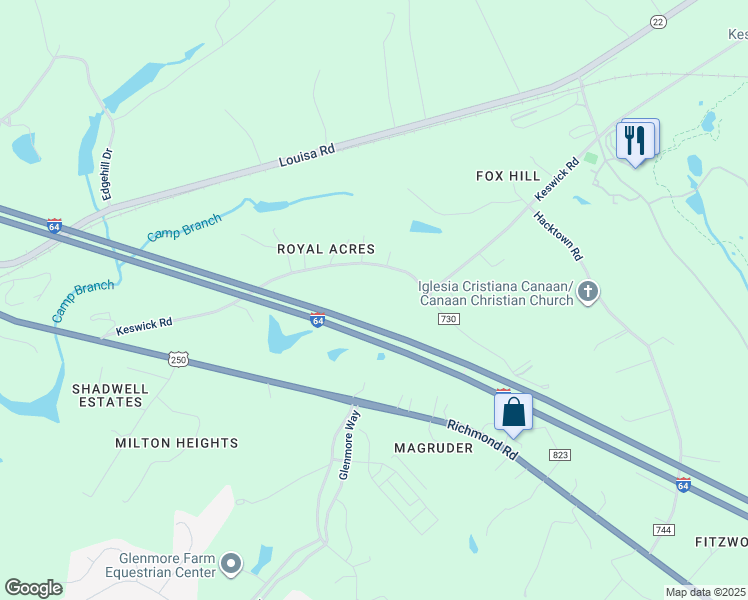 map of restaurants, bars, coffee shops, grocery stores, and more near 3495 Keswick Road in Keswick
