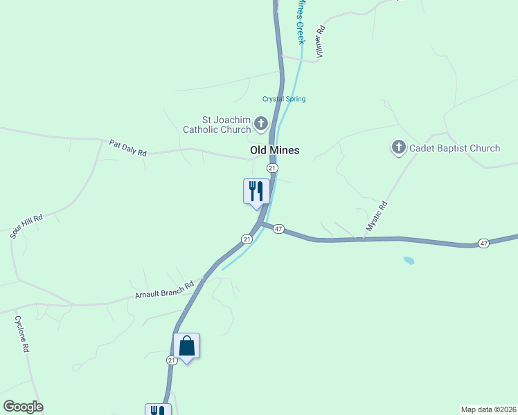 map of restaurants, bars, coffee shops, grocery stores, and more near 16233 Missouri 21 in Cadet