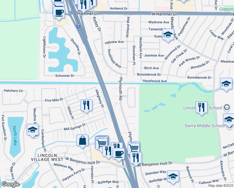 map of restaurants, bars, coffee shops, grocery stores, and more near 2923 Malvern Court in Stockton