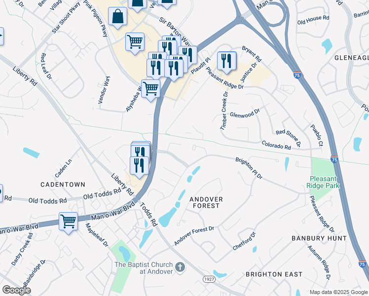 map of restaurants, bars, coffee shops, grocery stores, and more near 3121 Weymouth Court in Lexington