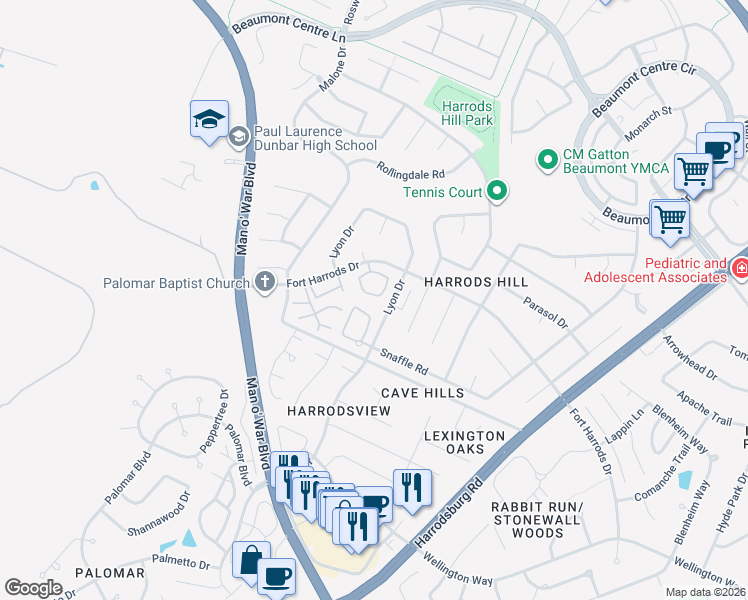 map of restaurants, bars, coffee shops, grocery stores, and more near 2140 Fort Harrods Drive in Lexington