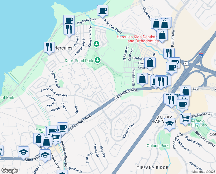 map of restaurants, bars, coffee shops, grocery stores, and more near 318 Titan Way in Hercules
