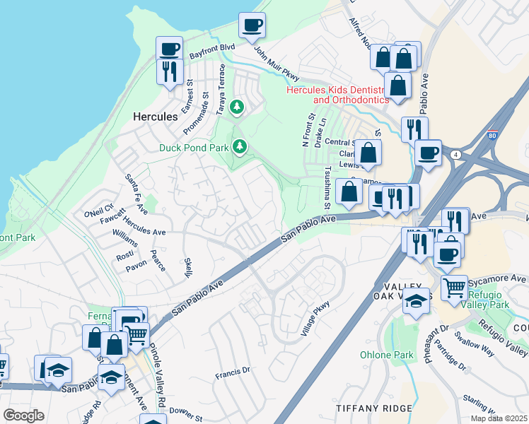map of restaurants, bars, coffee shops, grocery stores, and more near 318 Titan Way in Hercules
