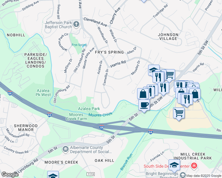 map of restaurants, bars, coffee shops, grocery stores, and more near 109 Shasta Court in Charlottesville