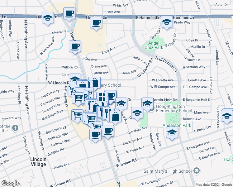 map of restaurants, bars, coffee shops, grocery stores, and more near 438 Felton Way in Stockton