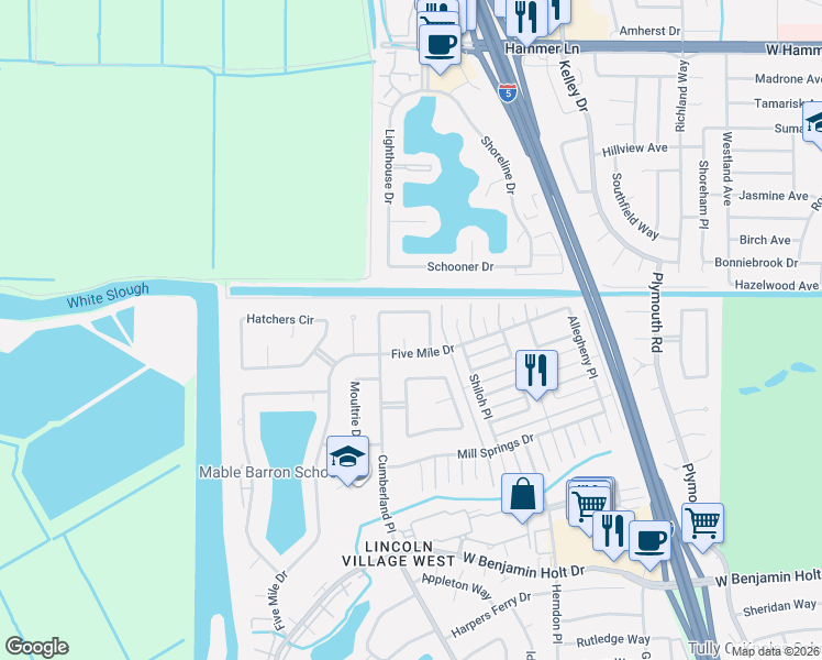 map of restaurants, bars, coffee shops, grocery stores, and more near 3510 Stone River Circle in Stockton