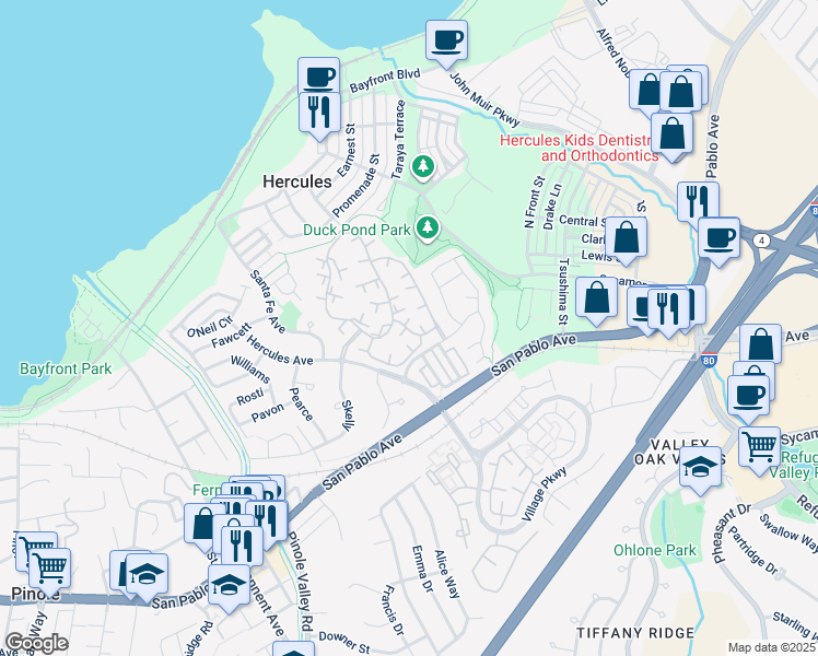 map of restaurants, bars, coffee shops, grocery stores, and more near 407 Olympus in Hercules