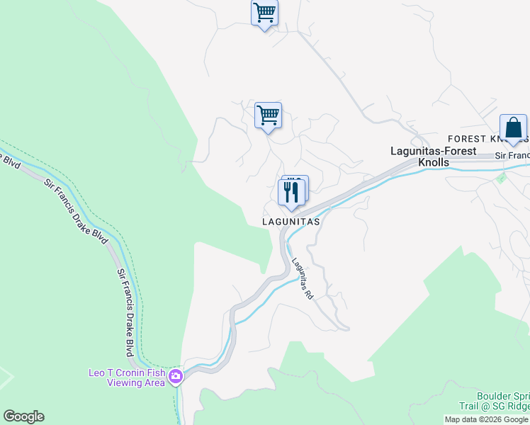 map of restaurants, bars, coffee shops, grocery stores, and more near 25 Redonda Avenue in Lagunitas-Forest Knolls