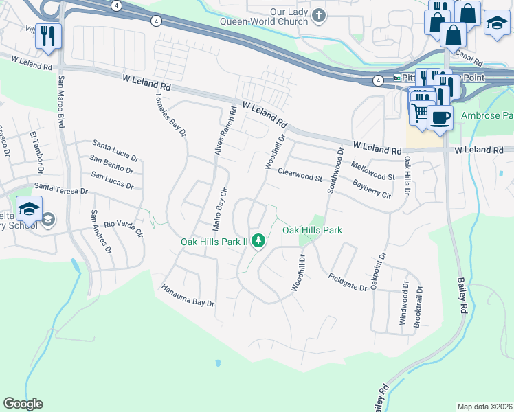 map of restaurants, bars, coffee shops, grocery stores, and more near 2302 Woodhill Drive in Pittsburg