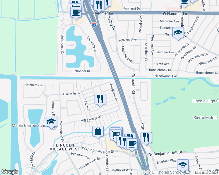 map of restaurants, bars, coffee shops, grocery stores, and more near 3104 Five Mile Drive in Stockton