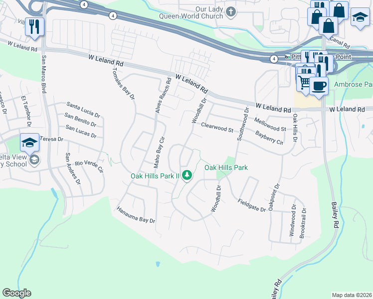 map of restaurants, bars, coffee shops, grocery stores, and more near 2302 Woodhill Drive in Pittsburg