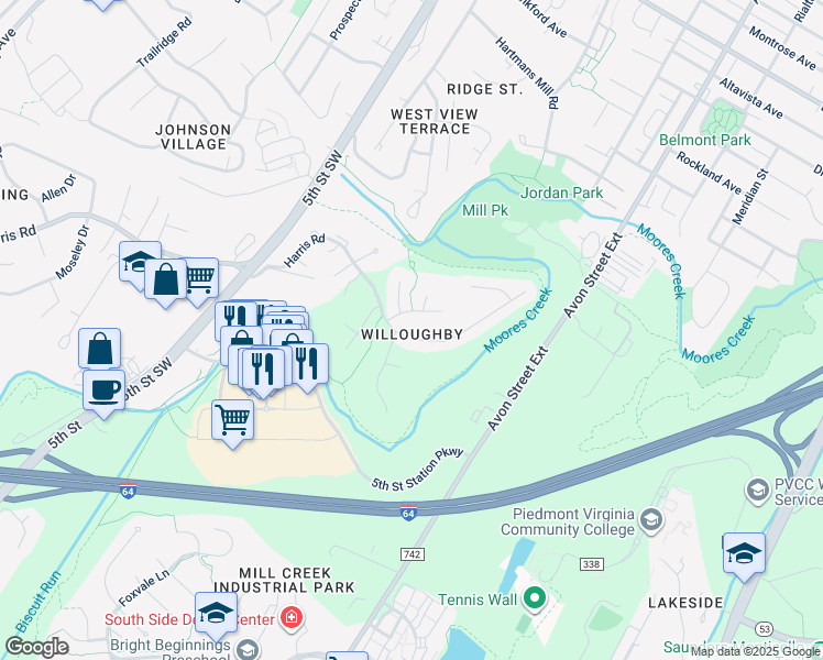 map of restaurants, bars, coffee shops, grocery stores, and more near 807 Harris Road in Charlottesville
