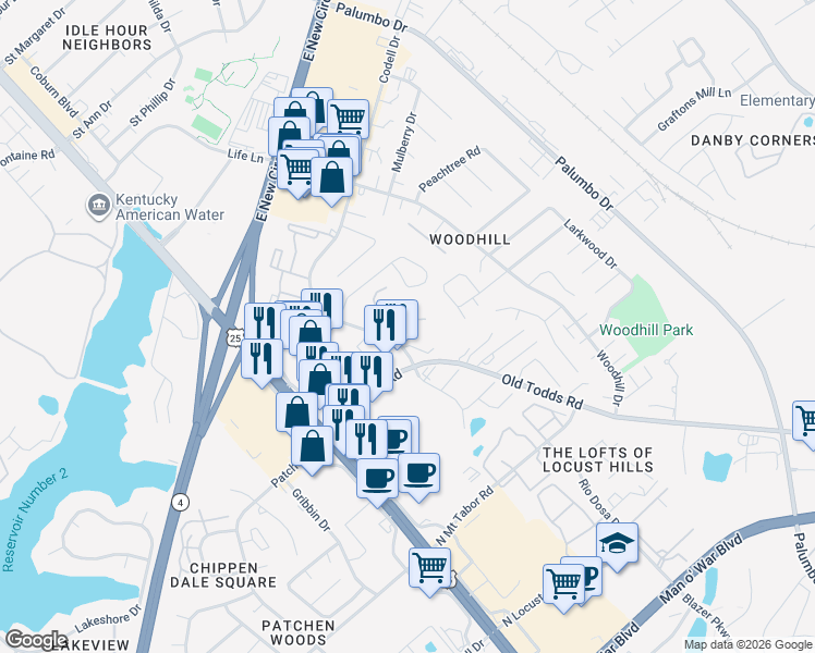 map of restaurants, bars, coffee shops, grocery stores, and more near 2706 Chant Court in Lexington