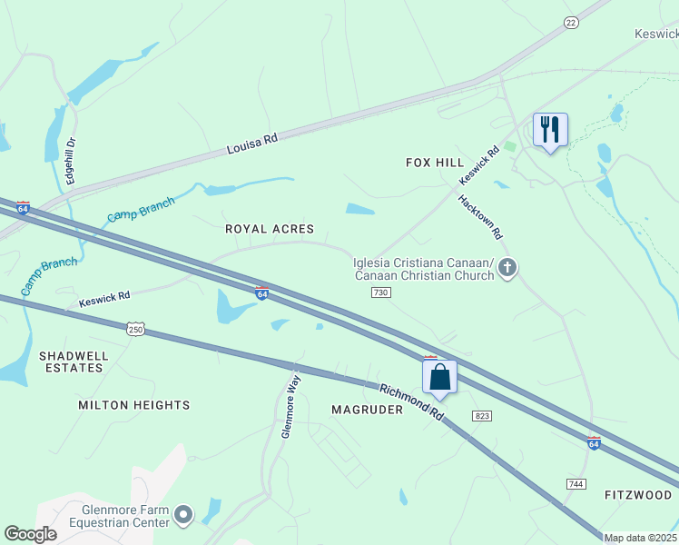 map of restaurants, bars, coffee shops, grocery stores, and more near 3505 Keswick Road in Keswick