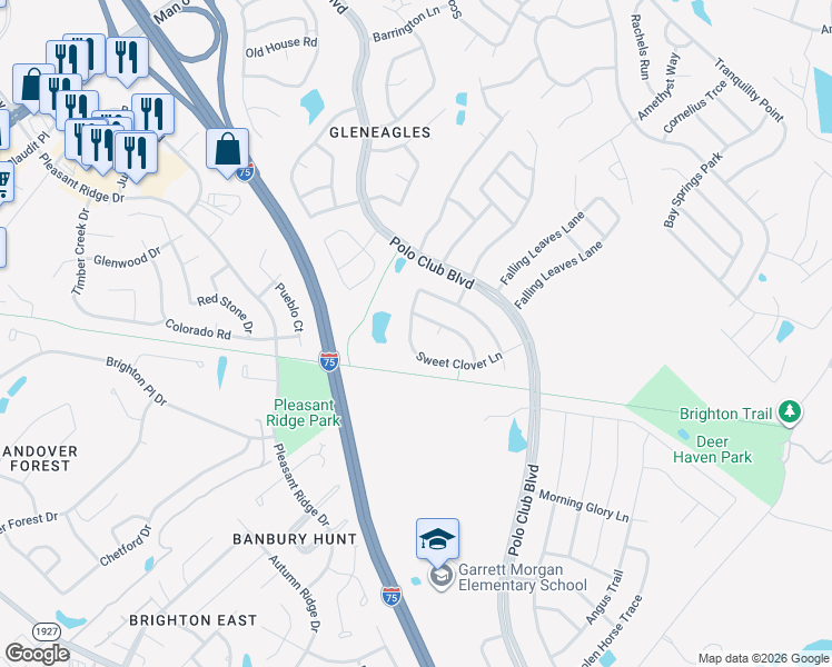 map of restaurants, bars, coffee shops, grocery stores, and more near 3280 Sweet Clover Lane in Lexington