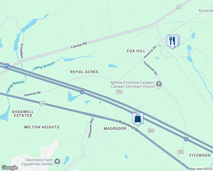 map of restaurants, bars, coffee shops, grocery stores, and more near 3505 Keswick Road in Keswick