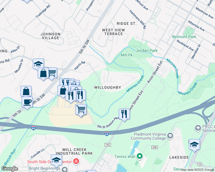 map of restaurants, bars, coffee shops, grocery stores, and more near 807 Harris Road in Charlottesville