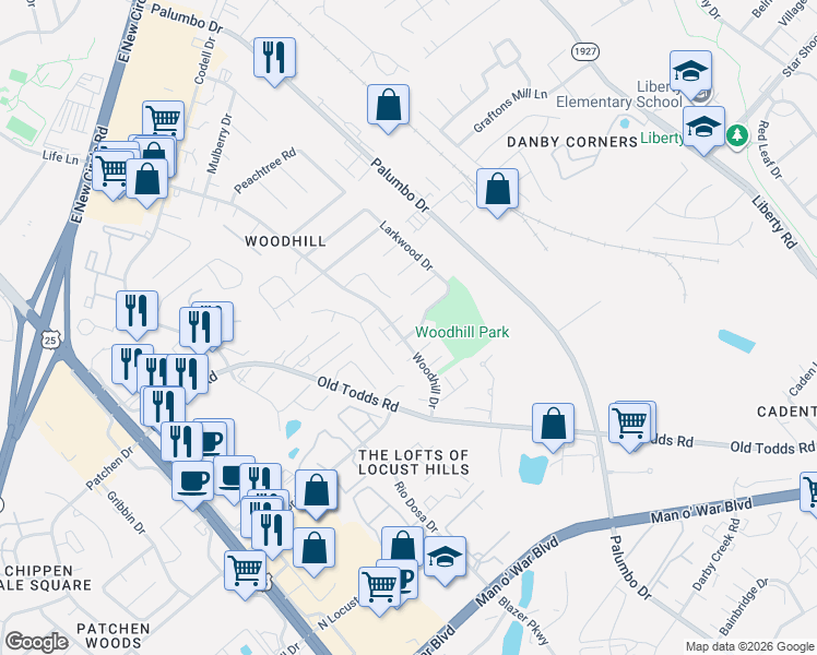 map of restaurants, bars, coffee shops, grocery stores, and more near 308 Driftwood Place in Lexington