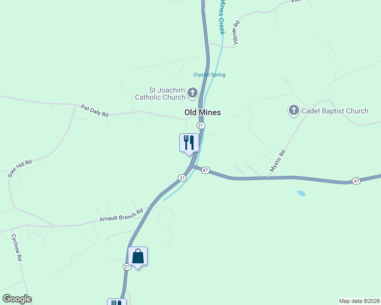 map of restaurants, bars, coffee shops, grocery stores, and more near 16233 Missouri 21 in Cadet