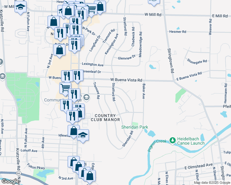 map of restaurants, bars, coffee shops, grocery stores, and more near 432 Sheridan Rd in Evansville