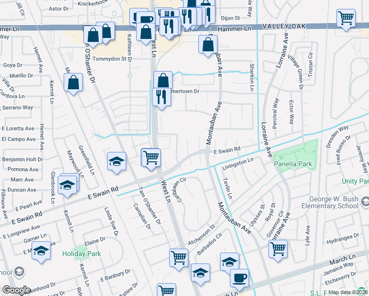 map of restaurants, bars, coffee shops, grocery stores, and more near 6166 Arabian Place in Stockton