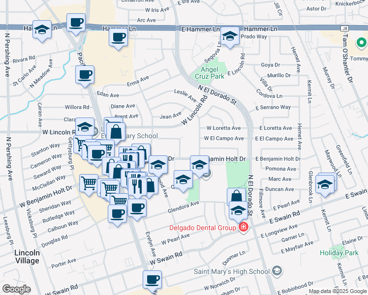 map of restaurants, bars, coffee shops, grocery stores, and more near 6605 Alturas Avenue in Stockton