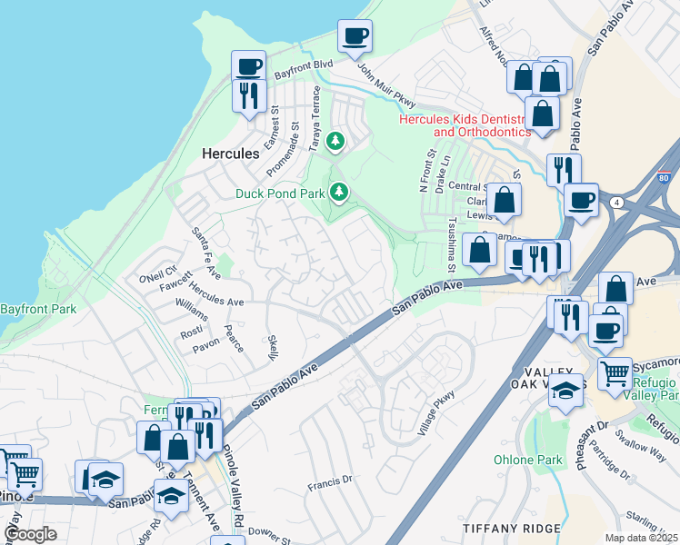 map of restaurants, bars, coffee shops, grocery stores, and more near 163 Ridgeview Terrace in Hercules
