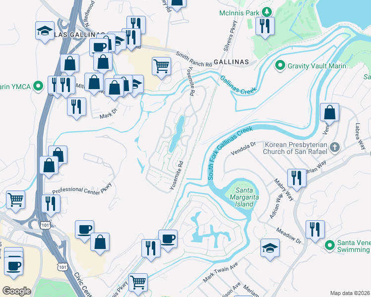 map of restaurants, bars, coffee shops, grocery stores, and more near 90 Yosemite Road in San Rafael