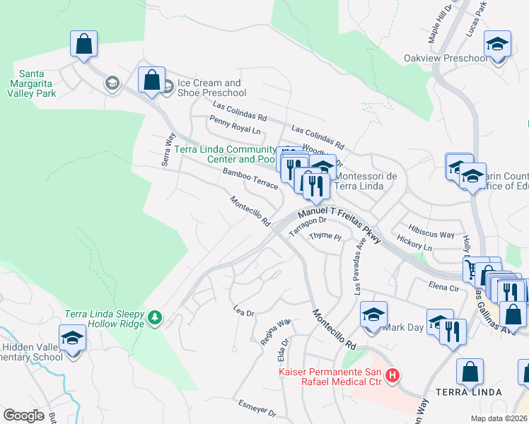 map of restaurants, bars, coffee shops, grocery stores, and more near 639 Barberry Lane in San Rafael