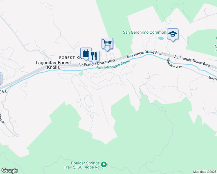 map of restaurants, bars, coffee shops, grocery stores, and more near 20 Candelero Avenue in Lagunitas-Forest Knolls