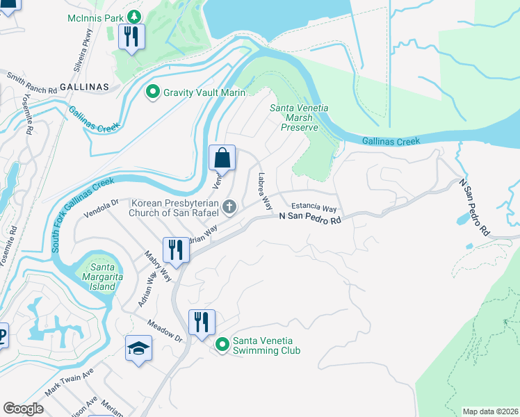 map of restaurants, bars, coffee shops, grocery stores, and more near 10 Labrea Way in San Rafael